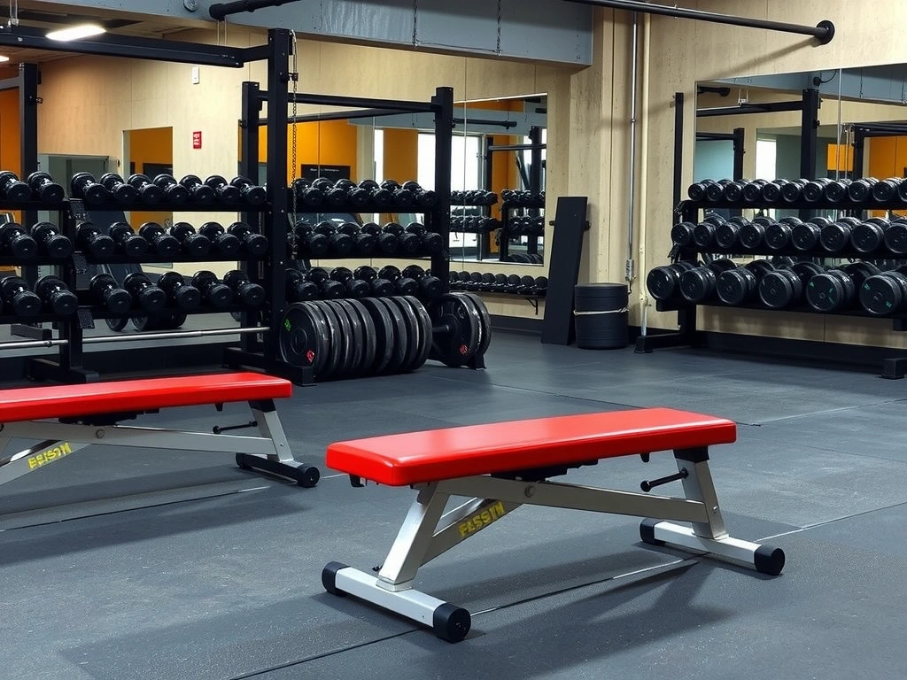 Free weights zone with dumbbells, barbells, and weight benches in professional gym environment