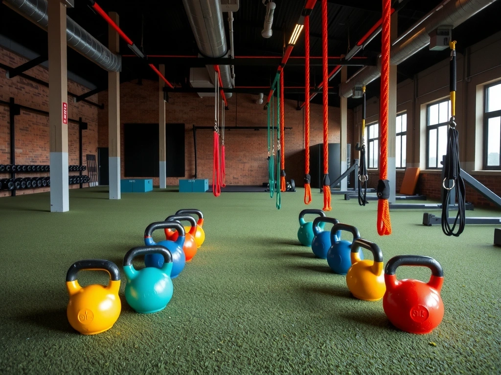 Functional training zone with artificial turf, kettlebells, and suspension trainers
