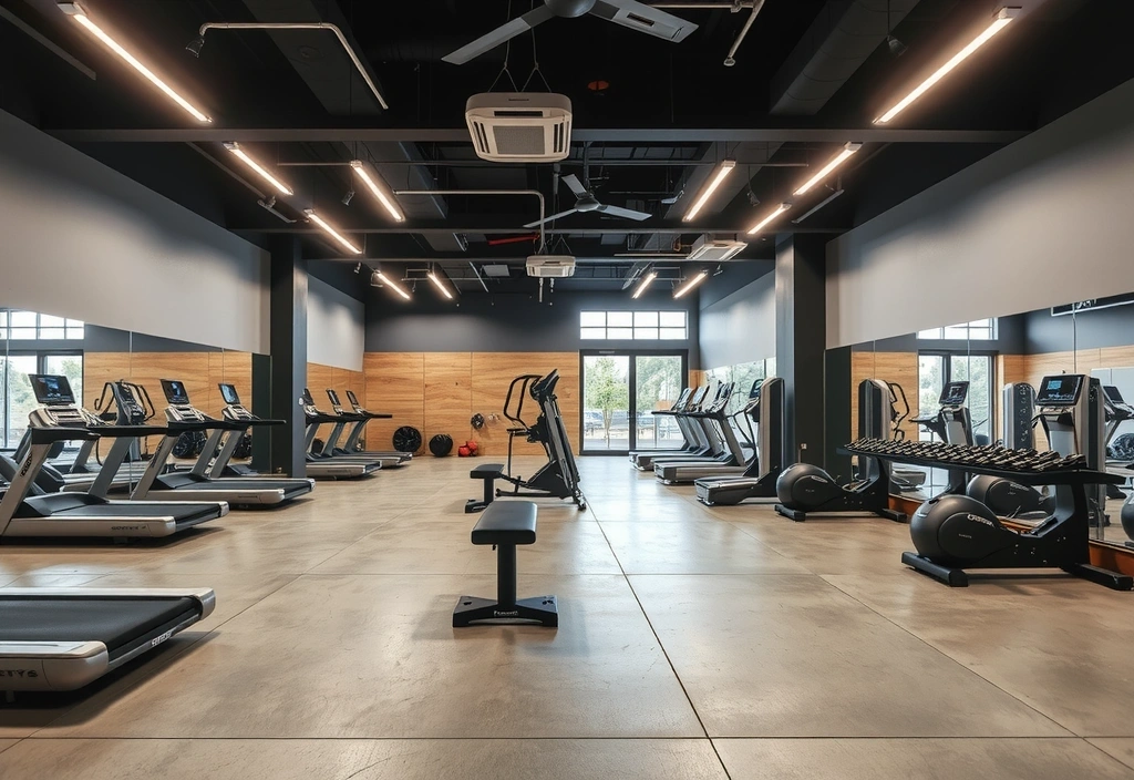 Modern gym equipment layout with professional lighting and clean design