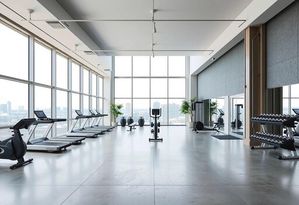 Spacious gym interior with natural lighting and modern design