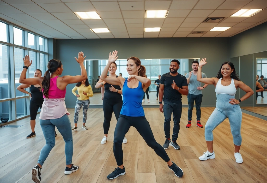 Diverse group fitness class with energetic participants